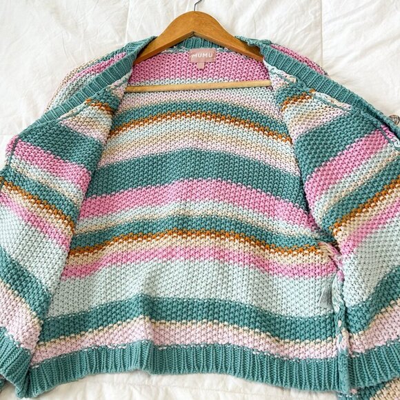 Show Me Your Mumu Good Karma Sherbert Stripe Knit Cardigan Size Large Pink Green - Picture 8 of 11